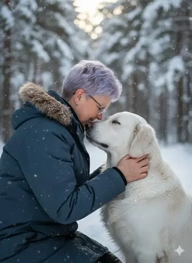 Kerstin Herrmann mit Golden Retriever im verschneiten Wald - Innige Mensch-Hund-Beziehung